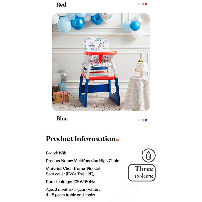 KUB Multi-Functional Feeding High Chair and Chair/Table Combination - Blue and Red
